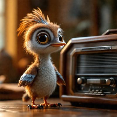 The primary subject of the image is a small bird, likely a chick, standing next to a radio. The bird is positioned in the foreground, while the radio is in the background. The visual style of the image appears to be a combination of photo and digital art, creating a unique and interesting scene. The colors and mood of the image are predominantly warm and inviting, with the bird and radio being the main focus of the composition.